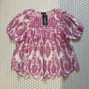 NWT GiGi USA Bohemian Blouse Small Pink White Paisley Puff Sleeve Flowy Top
